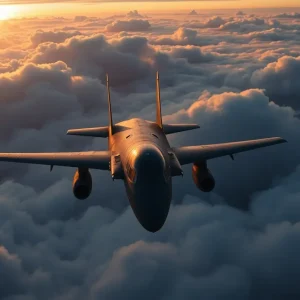 A military aircraft in the sky amidst clouds