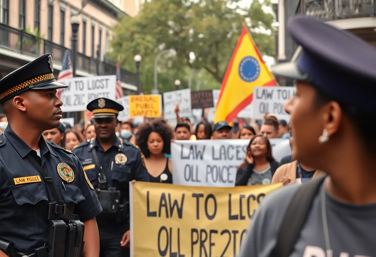 A diverse group of people at a community rally in New Orleans advocating for law enforcement.