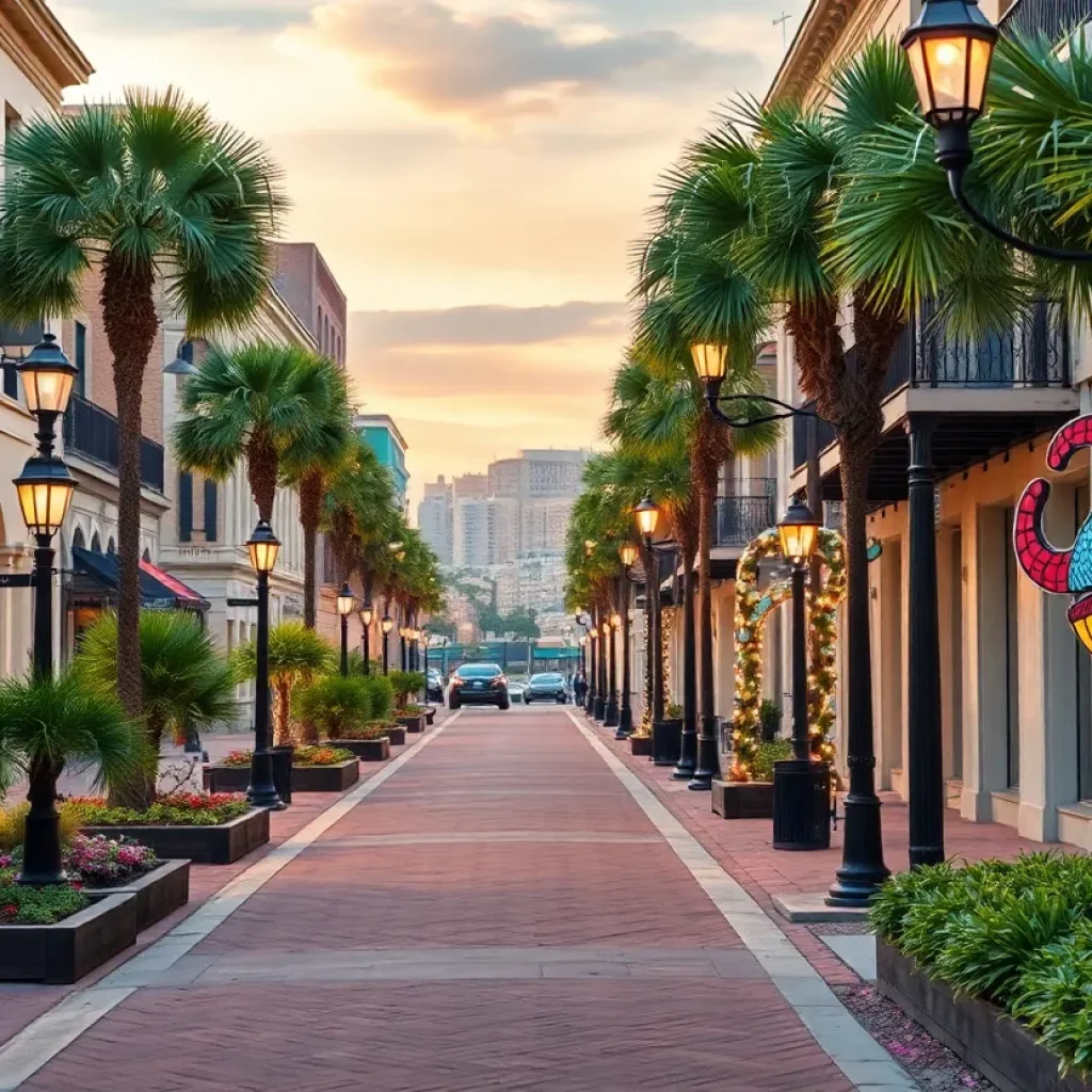 Beautifully lit downtown street in New Orleans with new landscaping and murals.