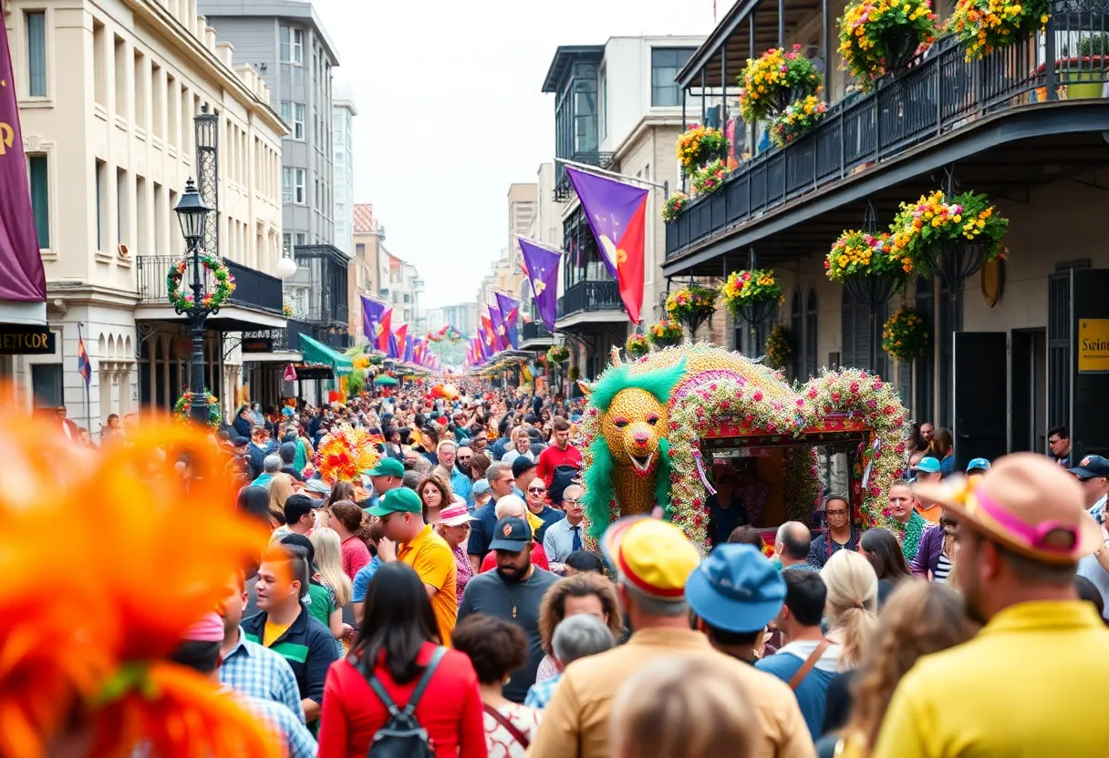 Crowd celebrating Mardi Gras in New Orleans with colorful costumes and floats.