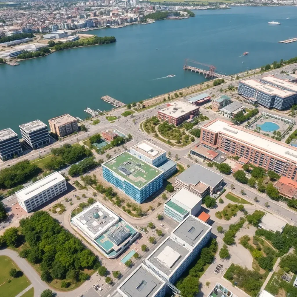 Aerial view of River District development in New Orleans