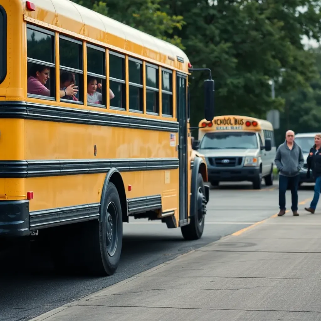 Parents gathered near a school bus discussing safety concerns for special needs children.