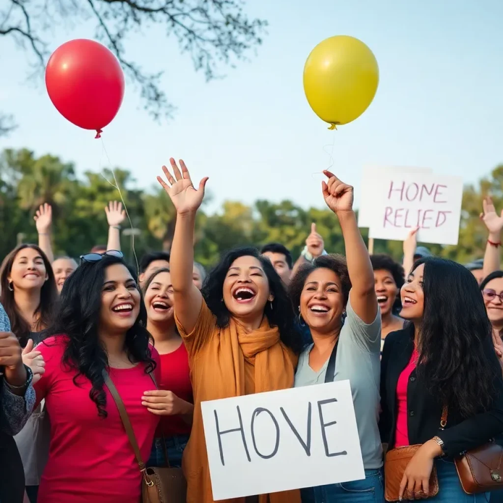 Celebration in a park with community members expressing joy