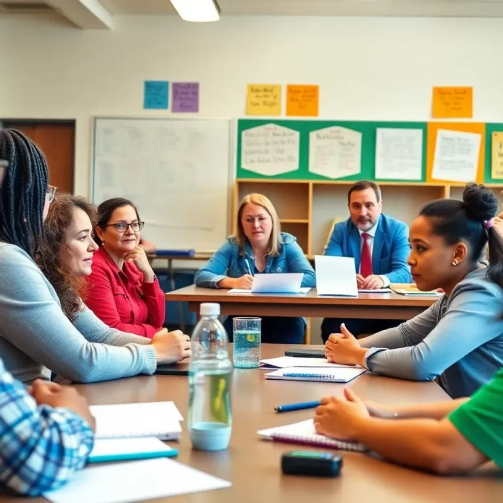 Community members engaging in discussion at a school meeting in New Orleans.