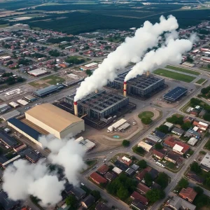 Aerial view of Denka facility with smoke emissions in LaPlace, Louisiana.