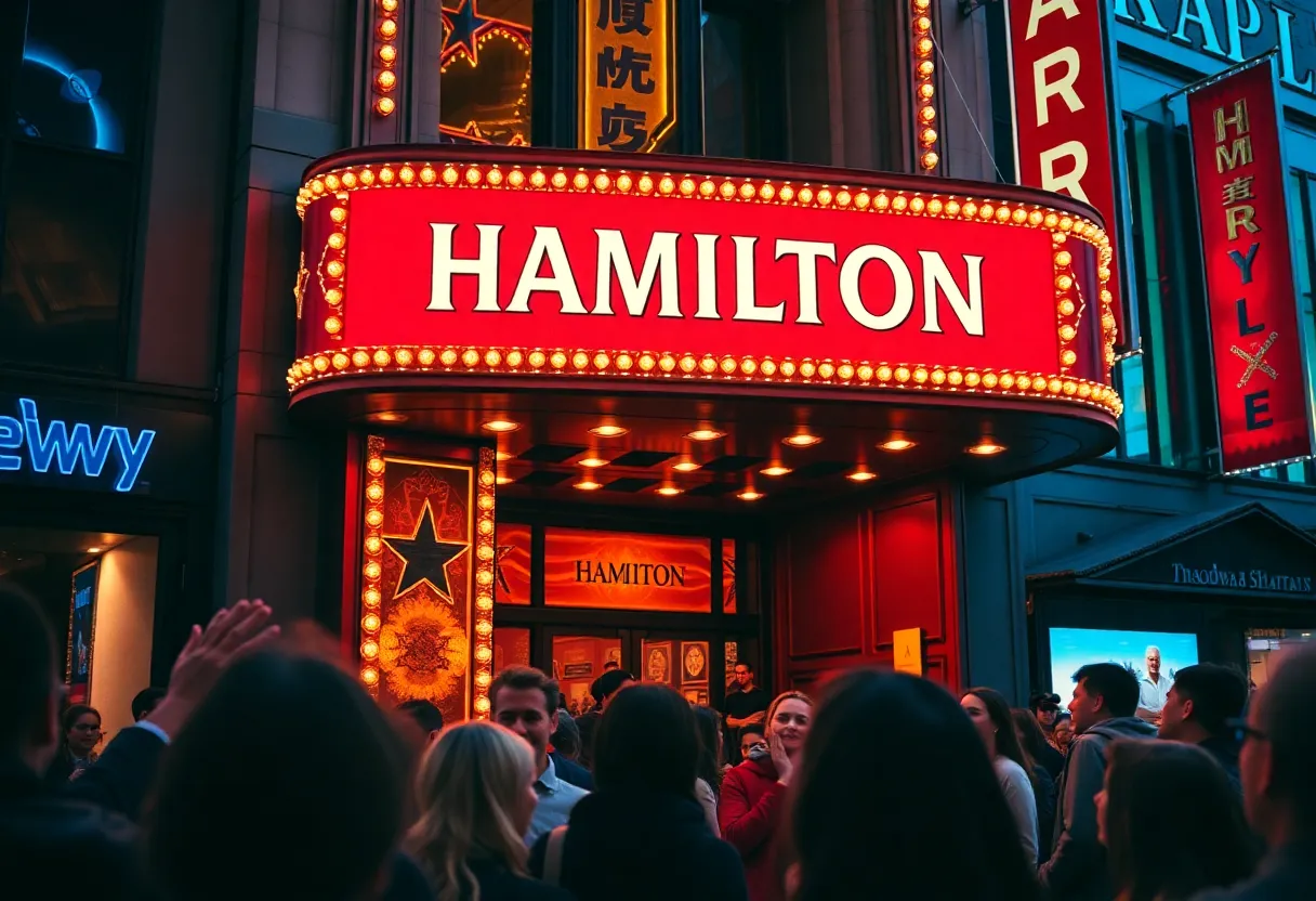 Broadway theater scene with Hamilton marquee