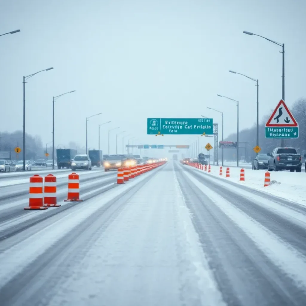 Icy highway in New Orleans with traffic cones