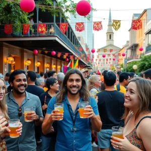 Crowd enjoying tequila drinks at an outdoor event in New Orleans