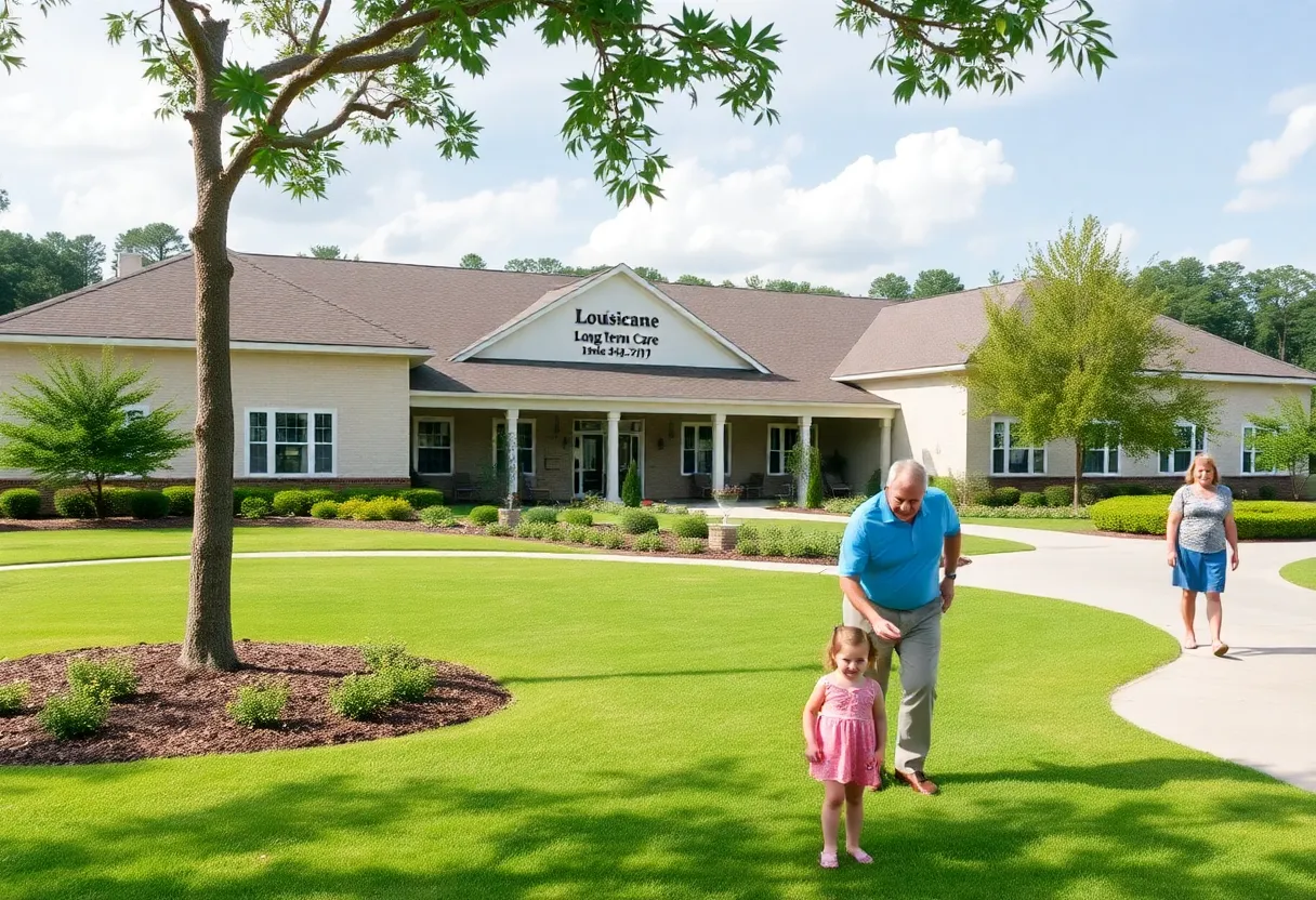 A beautiful long-term care facility in Louisiana with families enjoying their time outdoors.