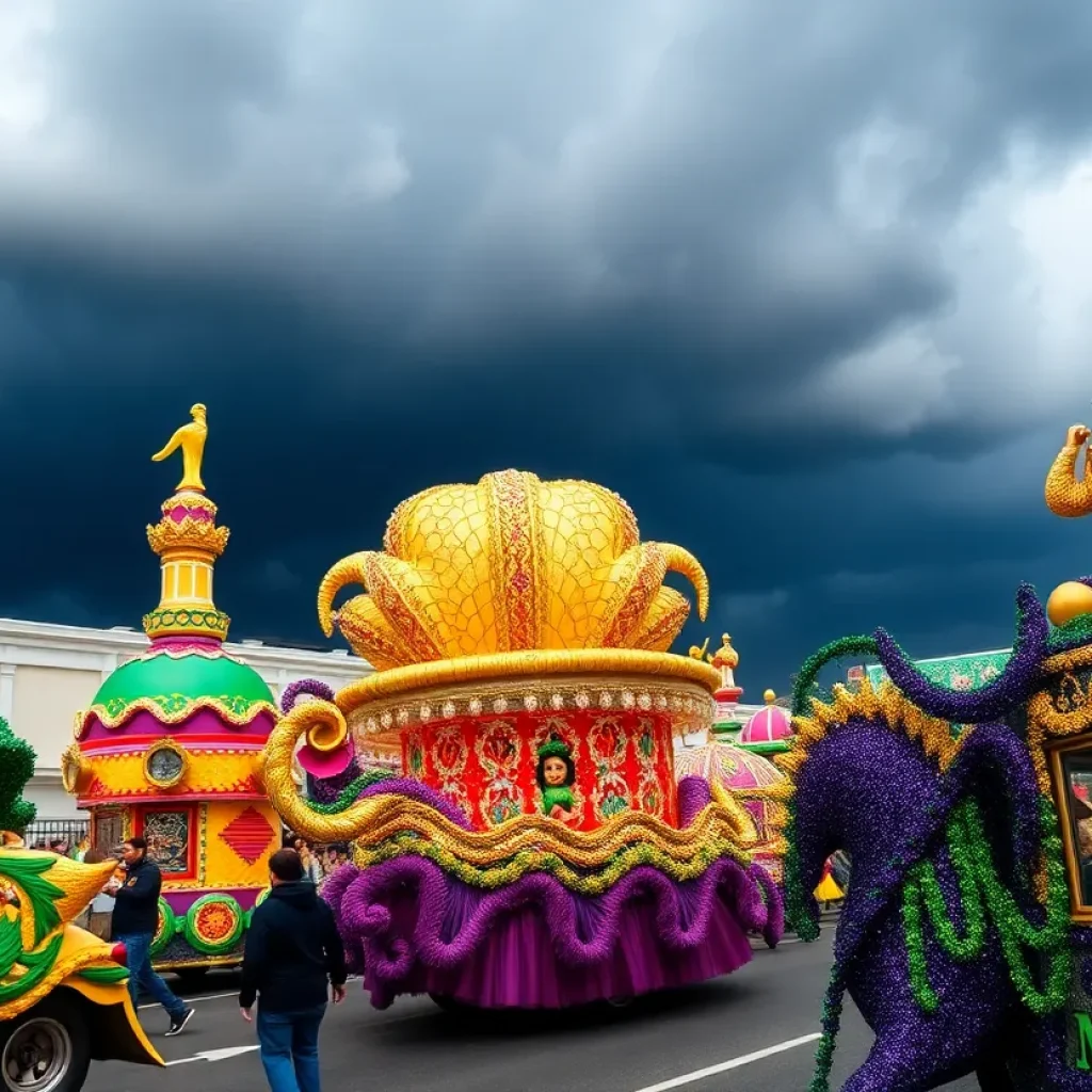Mardi Gras parade with festive decorations amidst stormy weather