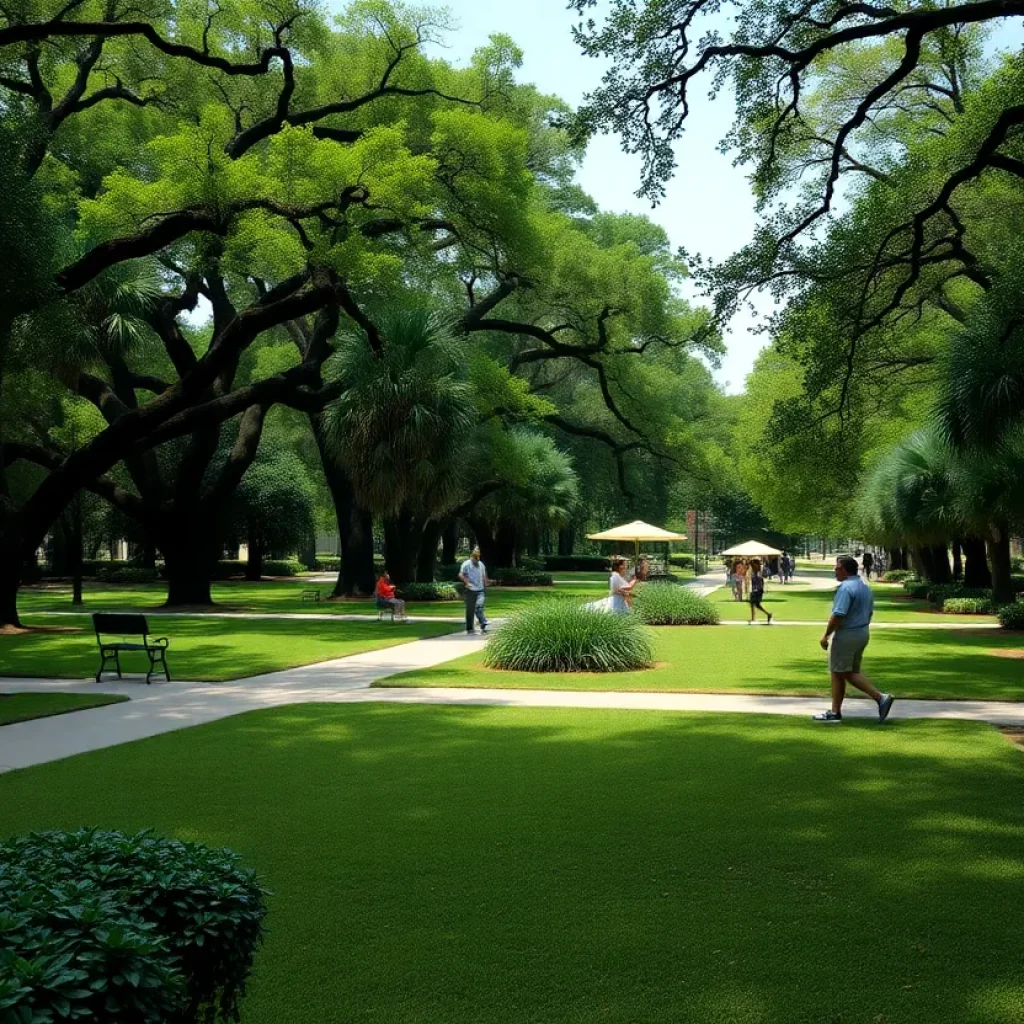 A peaceful scene of City Park in New Orleans, depicting trees and pathways.