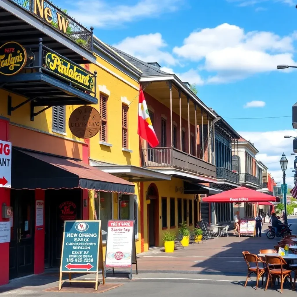 A view of New Orleans streets with closed restaurant signs and new restaurants preparing to open