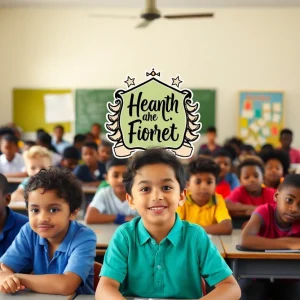 Students in a classroom with a humorous crest illustration in the background