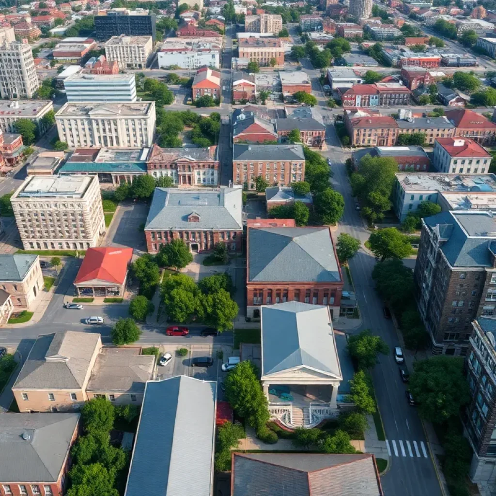 Aerial view of New Orleans highlighting schools and city buildings.