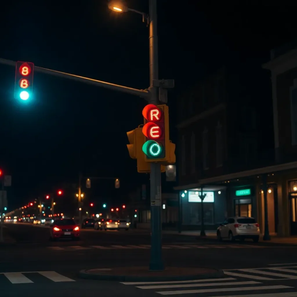 Night scene of a busy intersection in New Orleans, highlighting traffic controls.