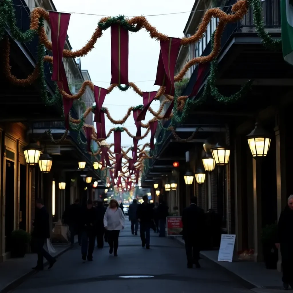 Festive decorations in New Orleans during Mardi Gras overshadowed by a somber atmosphere