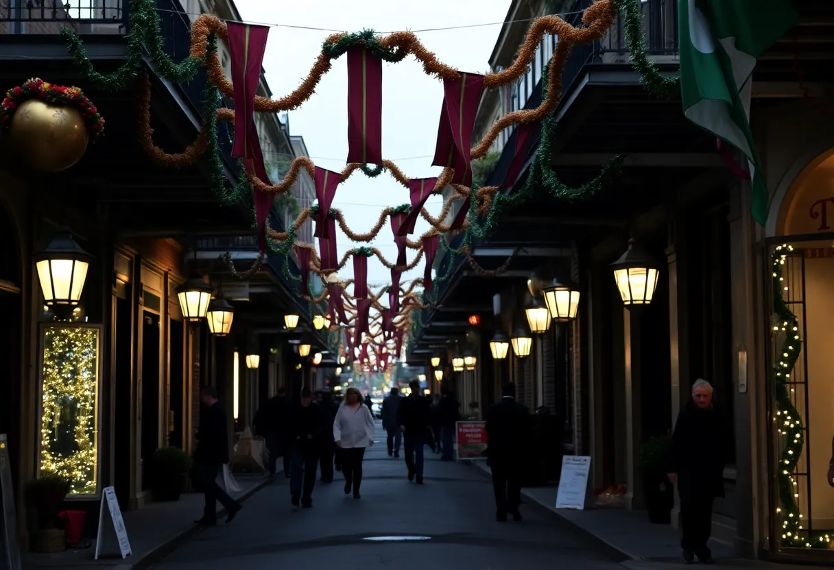 Festive decorations in New Orleans during Mardi Gras overshadowed by a somber atmosphere