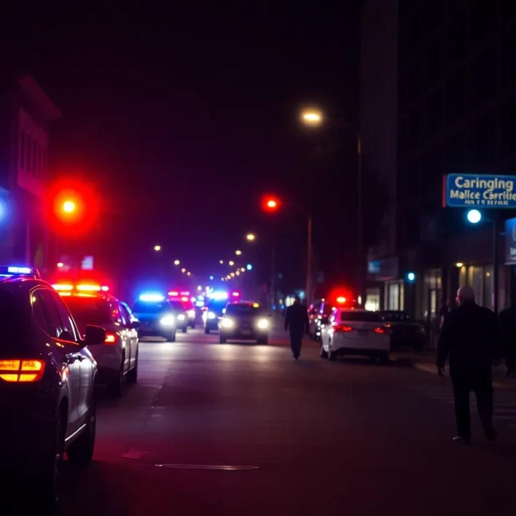 Nighttime city street with emergency lights following a pedestrian accident