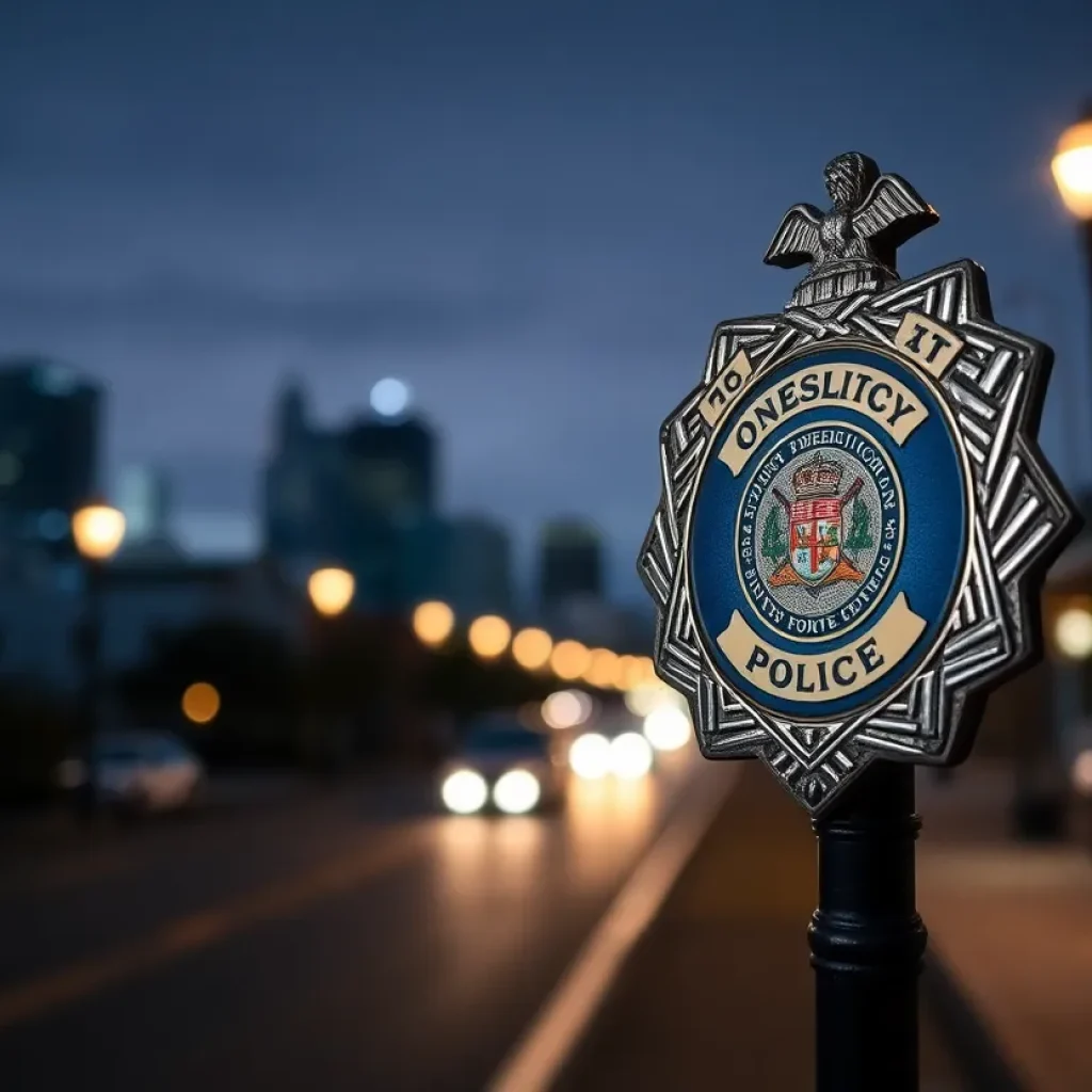 Night scene of a police badge against the New Orleans city skyline.
