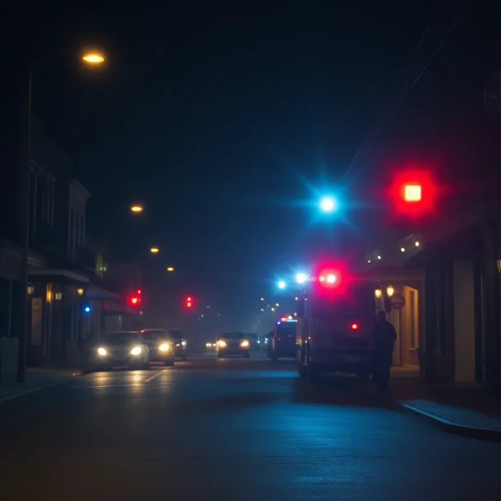 Police lights flashing on a dark street in New Orleans