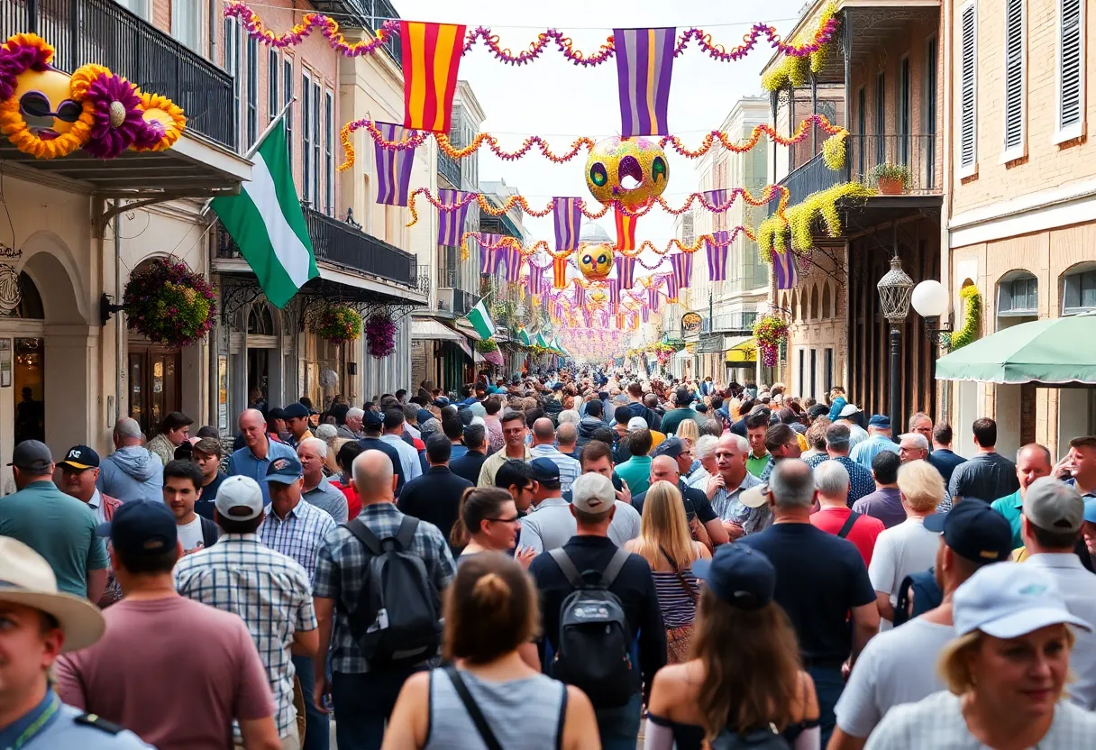 A vibrant street scene in New Orleans full of tourists and festivities.