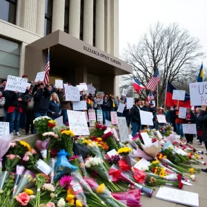 Protesters outside USAID headquarters with flowers and messages