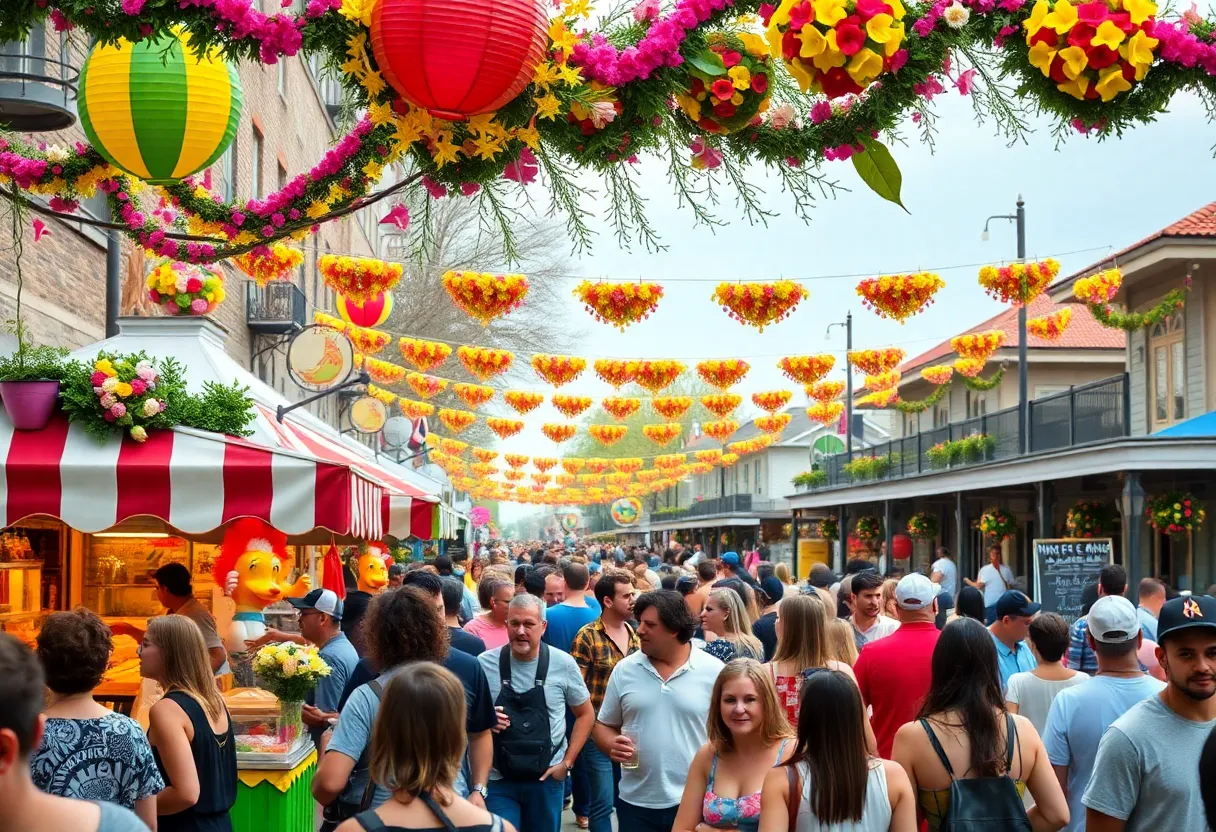 Vibrant spring festival in New Orleans with colorful decorations and food stalls