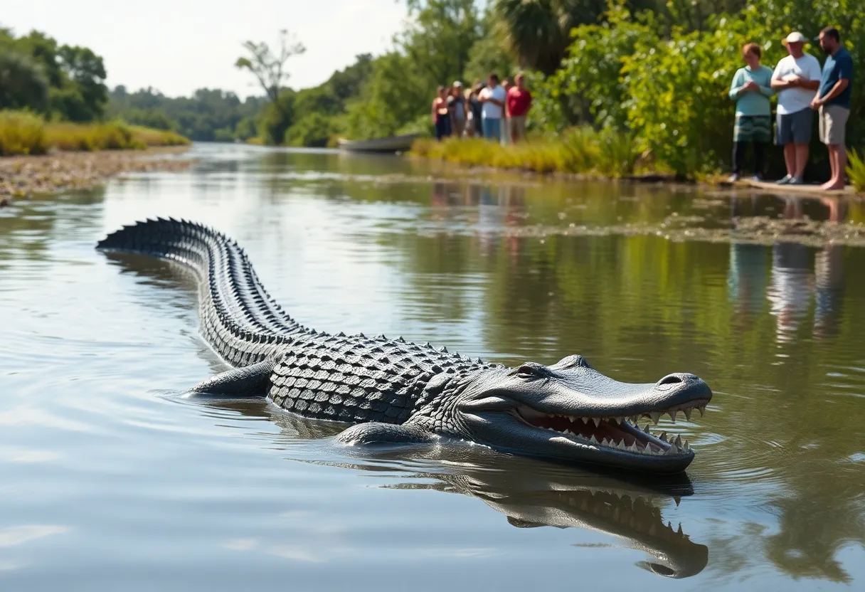 An 11-foot alligator swimming in a river levee in Old Jefferson.