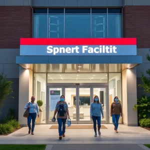 Exterior view of a healthcare facility specializing in spine treatment with patients arriving.