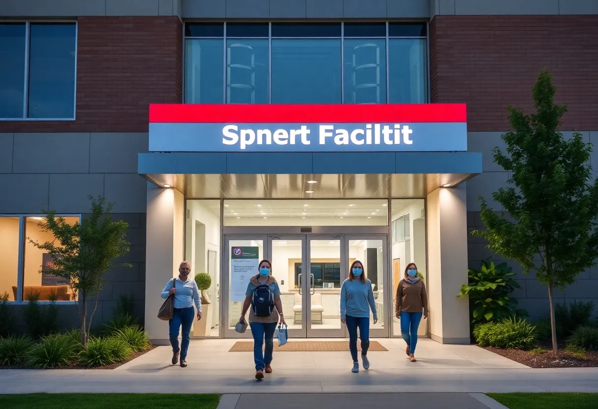 Exterior view of a healthcare facility specializing in spine treatment with patients arriving.