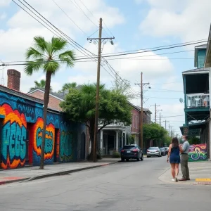 Street scene in New Orleans with community art and a somber atmosphere.