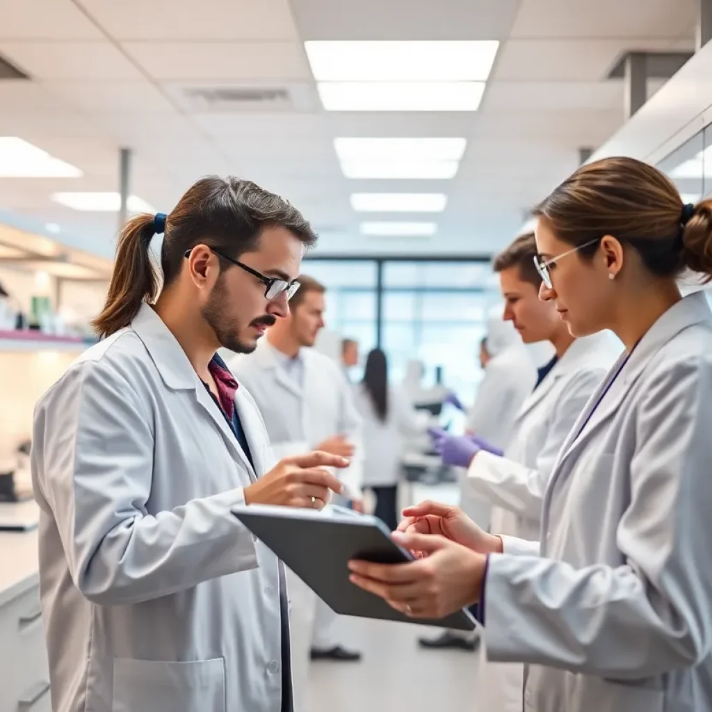 Researchers collaborating in a state-of-the-art cancer research facility.