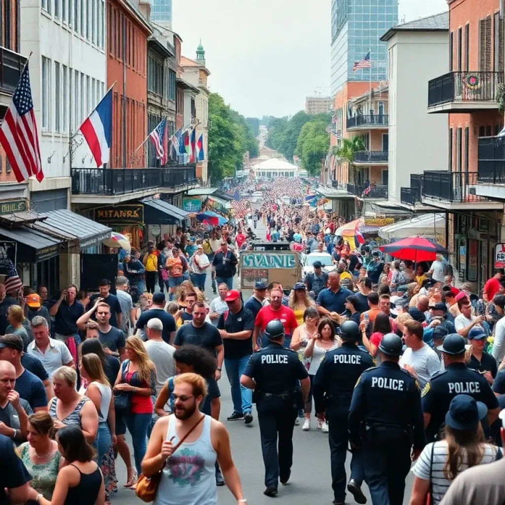 Crowd at the French Quarter Festival in New Orleans amidst police presence.
