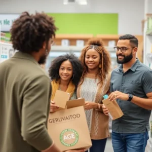 People shopping in a hemp products store with age verification signs