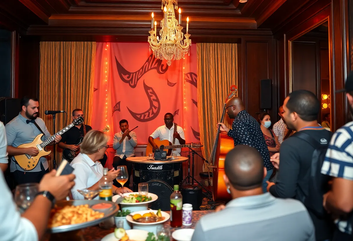 A lively scene at Virgin Hotels during Jazz Fest with people enjoying food and music.