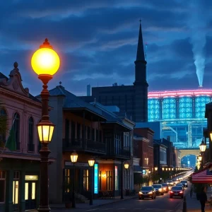 A view of New Orleans cityscape showing new developments and improved streetlights.
