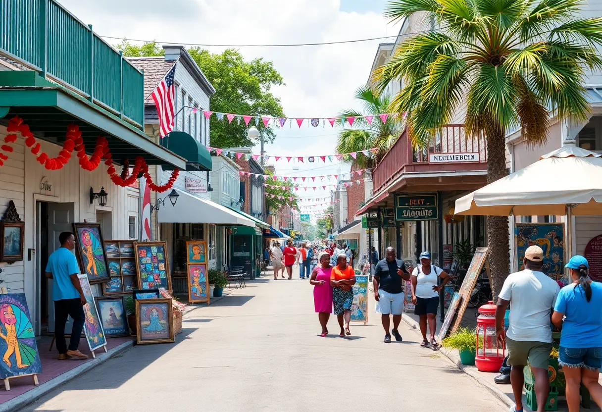 A lively street scene showcasing Louisiana's cultural identity with art and community events.