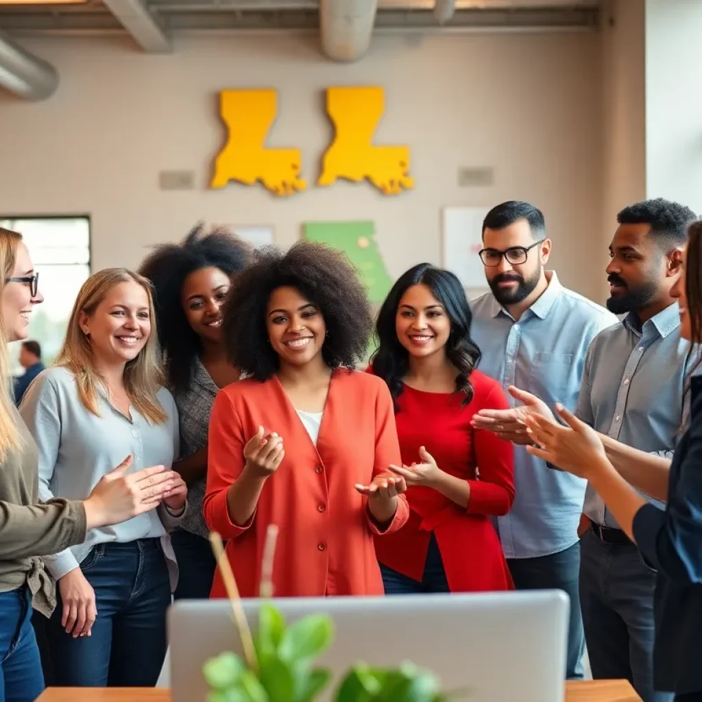A group of diverse entrepreneurs working together in a collaborative space in Louisiana.