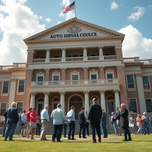 A bustling scene outside the Louisiana State Capitol with people engaged in discussions about auto insurance reform.
