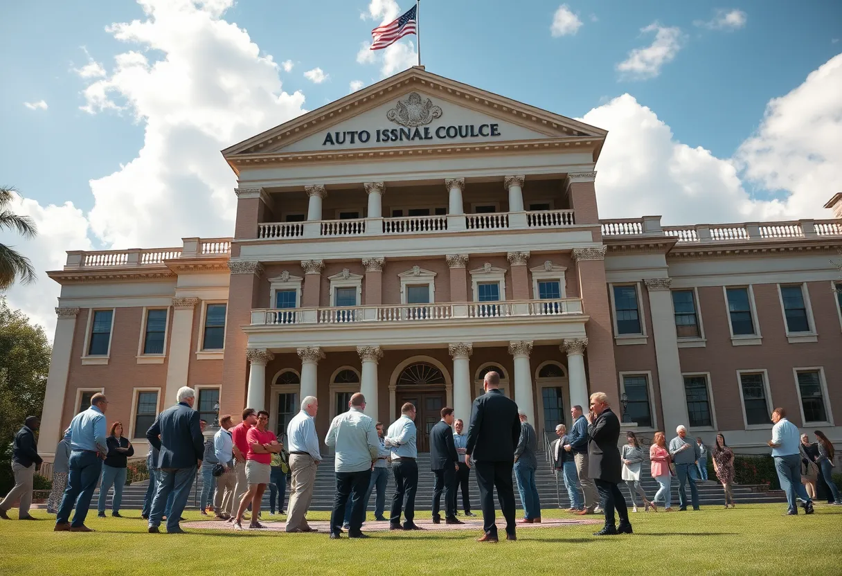 A bustling scene outside the Louisiana State Capitol with people engaged in discussions about auto insurance reform.