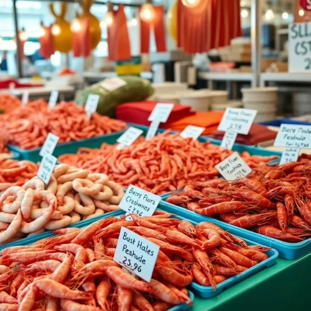 A seafood market displaying locally sourced shrimp and crawfish with labels.