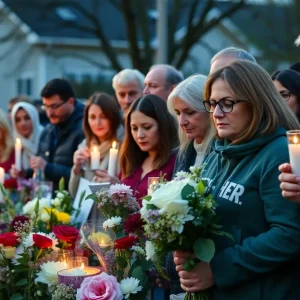 A memorial in New Orleans with candles and flowers