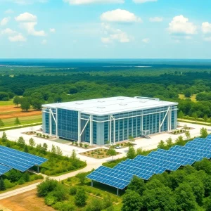 Futuristic data center with solar panels in Louisiana.