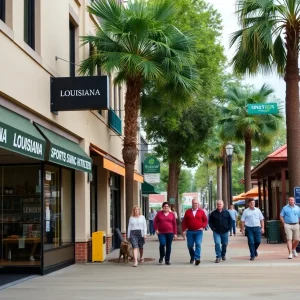Illustration of new businesses in Lafayette with people enjoying the area.