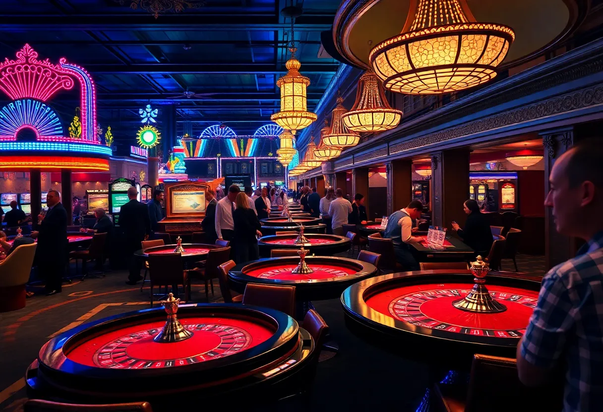 Busy atmosphere at a New Orleans casino with roulette tables.
