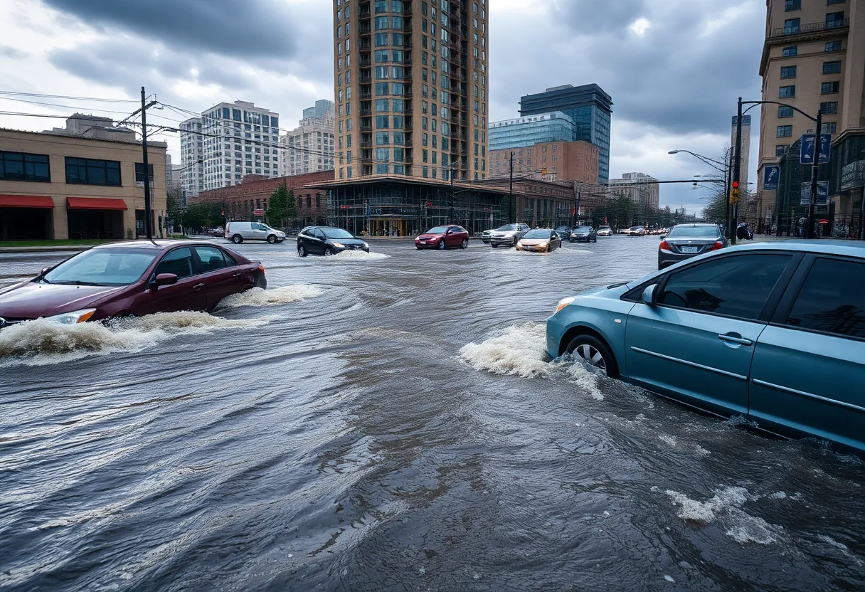 A street in New Orleans submerged in floodwaters during severe thunderstorms