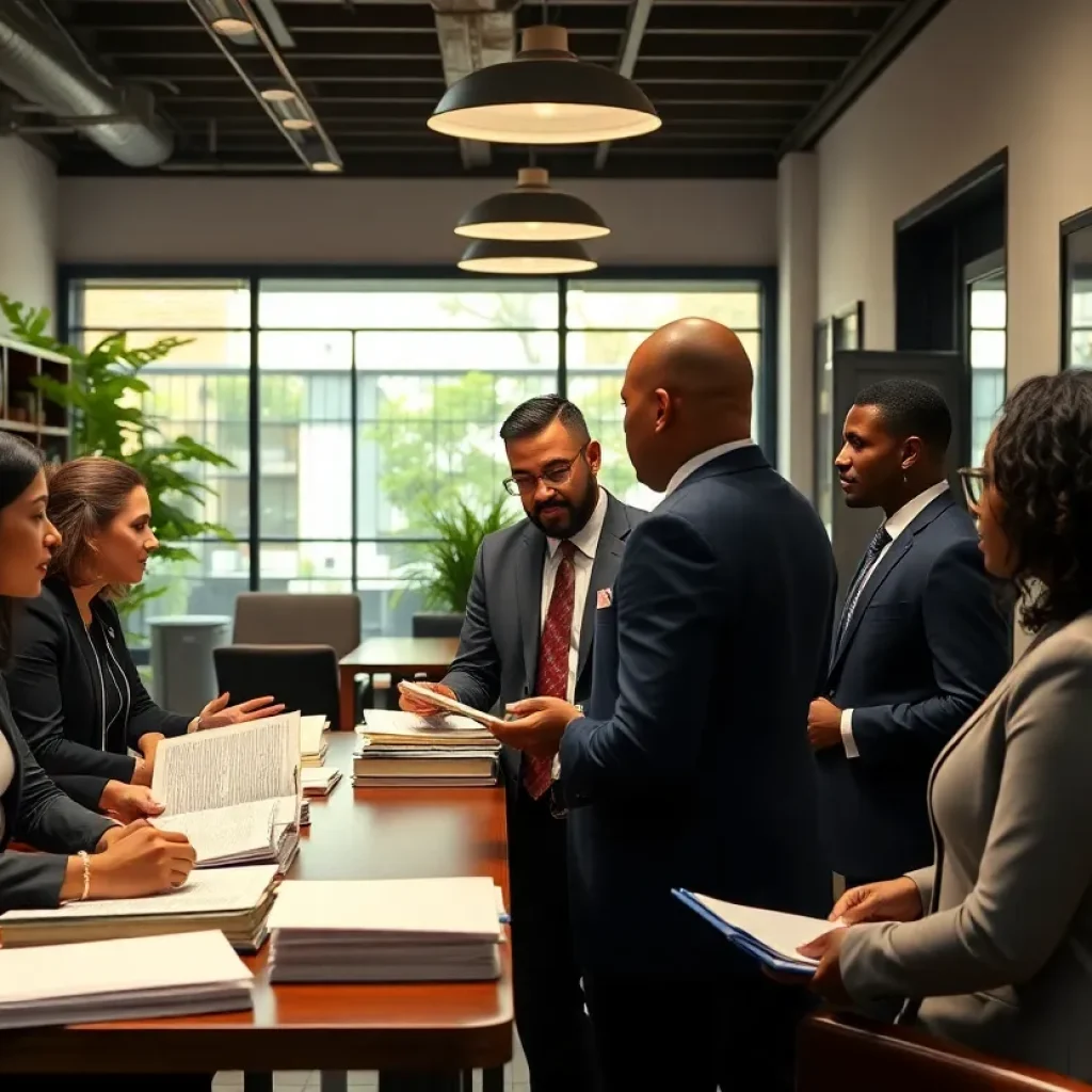 Team of lawyers in a New Orleans law office discussing cases.