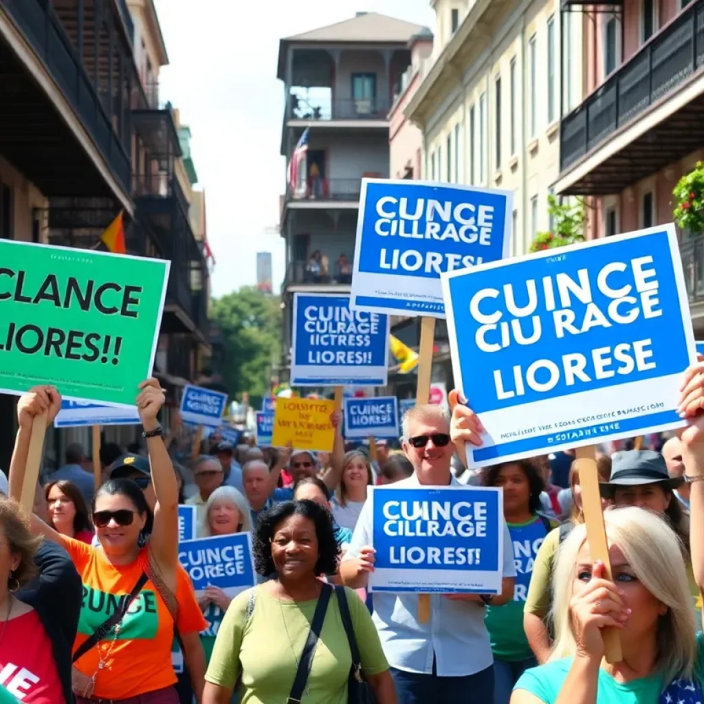 Energetic street scene in New Orleans during mayoral campaign with volunteers and campaign signs