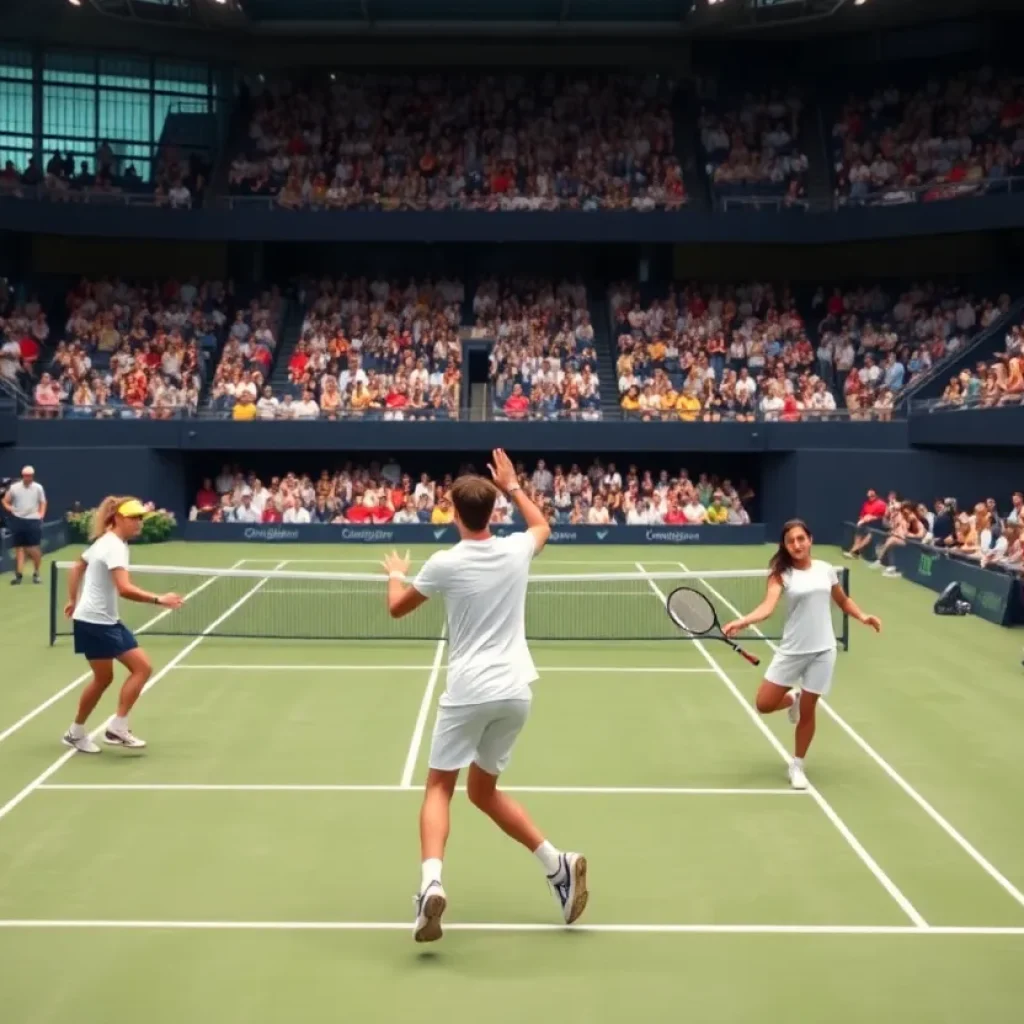 Tennis players competing on the court during a match.