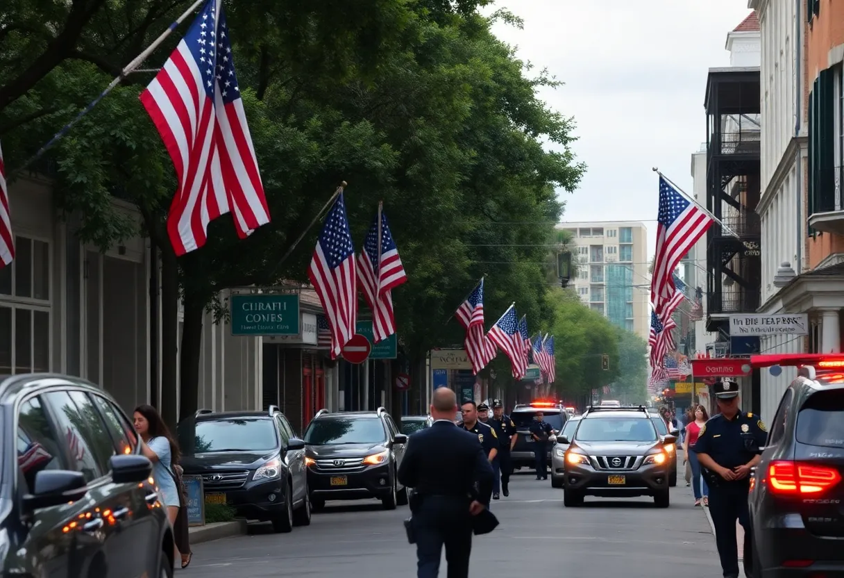 New Orleans street with police presence following an attack.